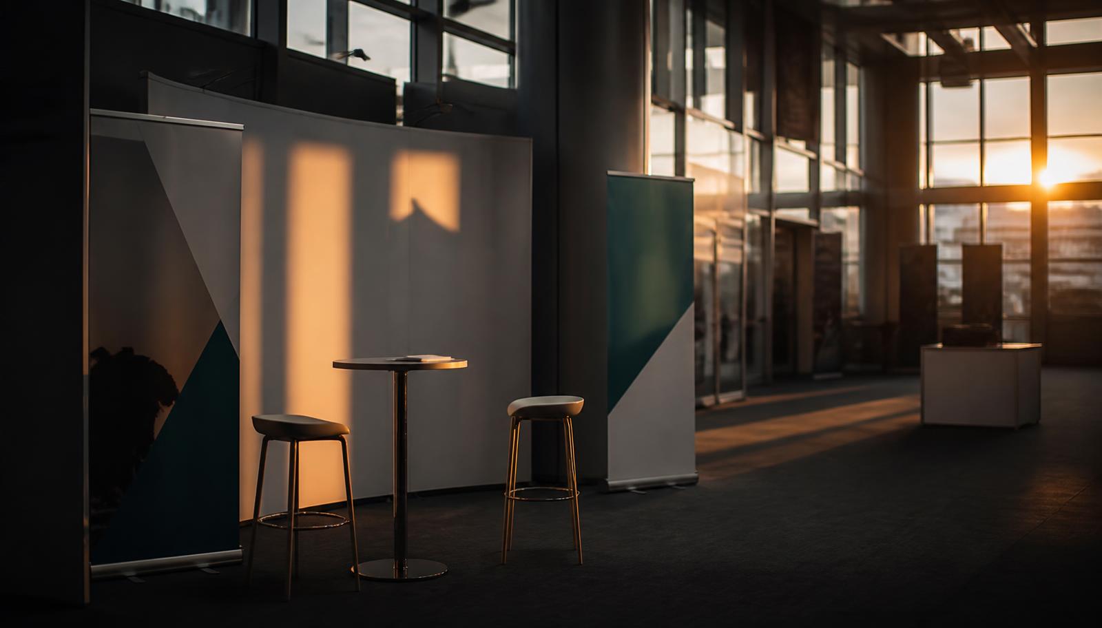 Leerer Messestand mit Roll-ups nach Standschluss im Abendlicht