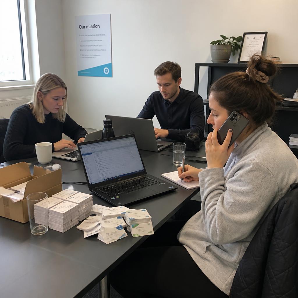 Team beim Nachfassen der Messekontakte im Büro